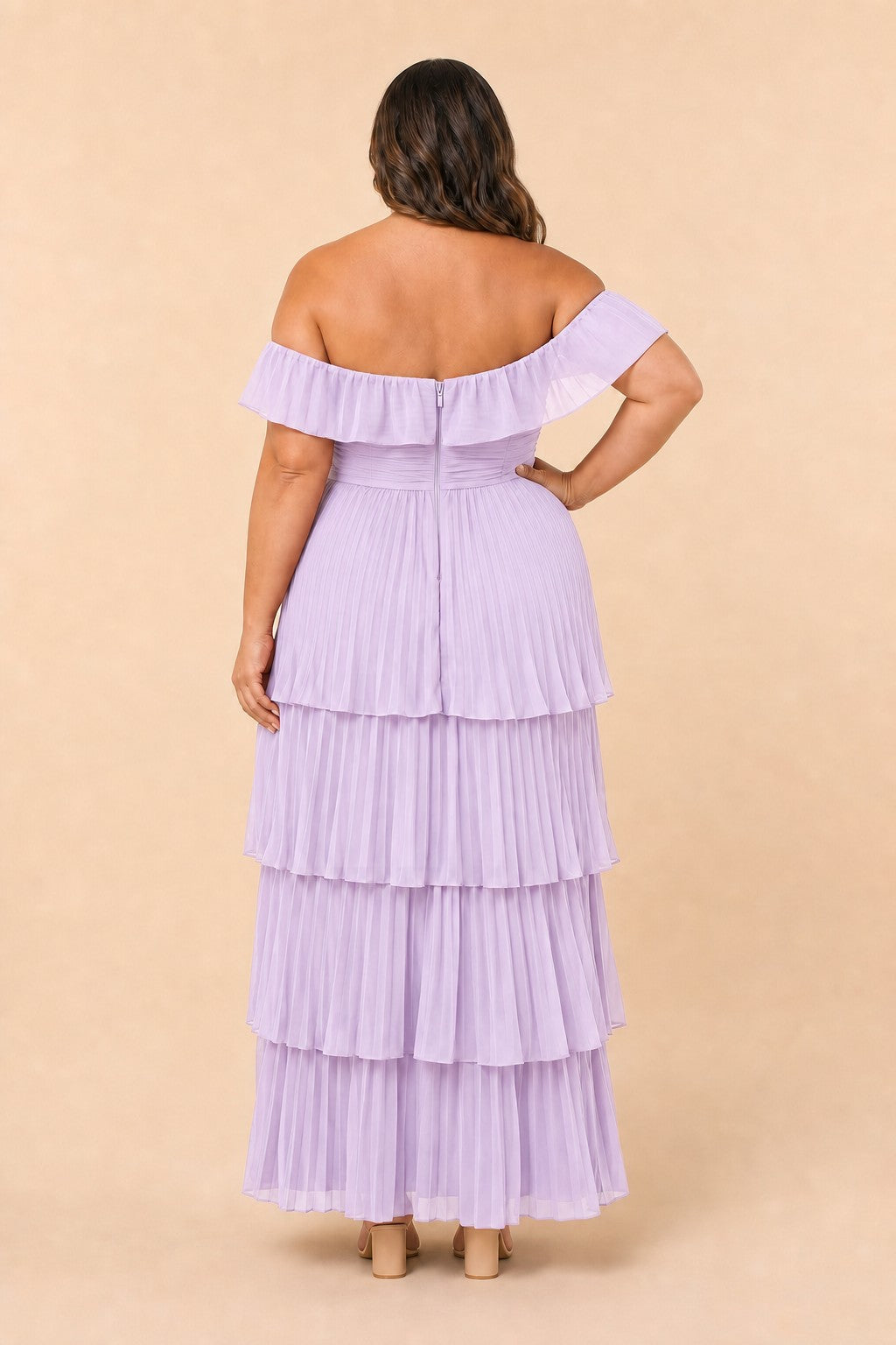 Elegant A Line Maxi Bridesmaid Dress Pleated Tiered Off Shoulder Design