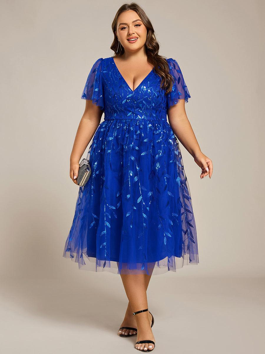 Plus Size Sparkly A-Line Midi Tulle Formal Wedding Guest Dress with Leaf Sequin