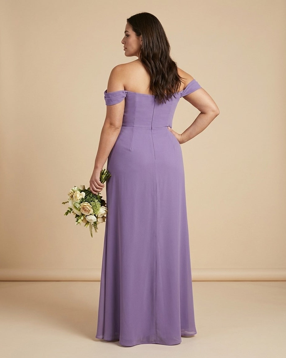 Elanthia Plus Size Romantic Sheath Bridesmaid Dress with Off Shoulder for Wedding -N0347