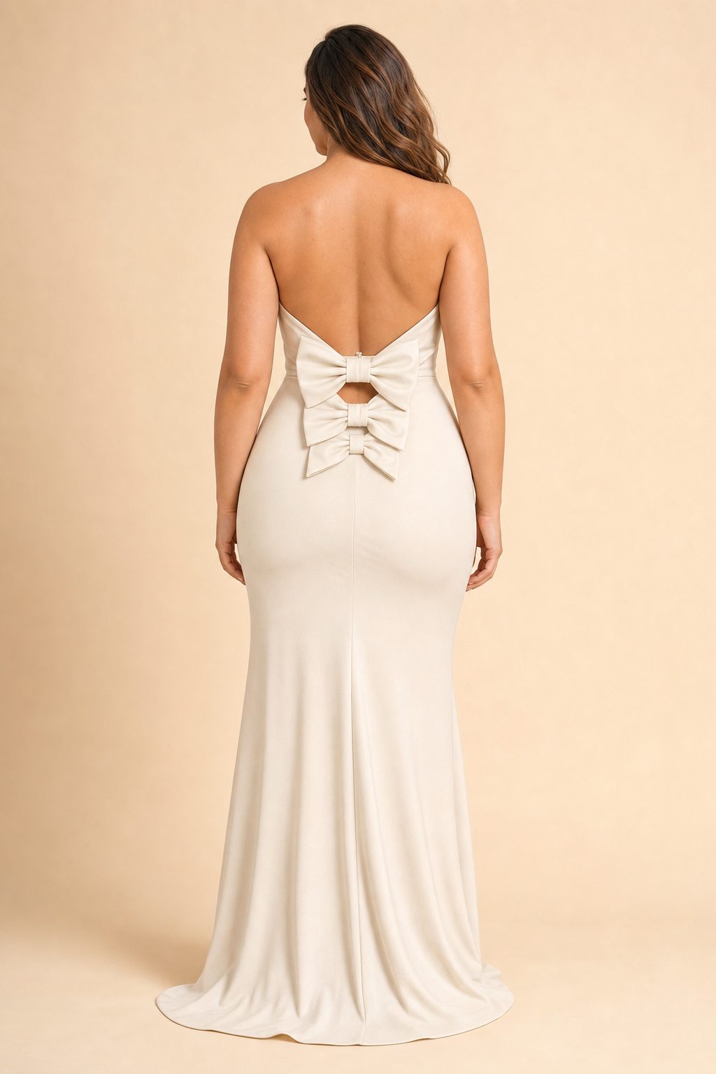 Plus Size Strapless Bridesmaid Dress with Cutout Back Bow and Slit