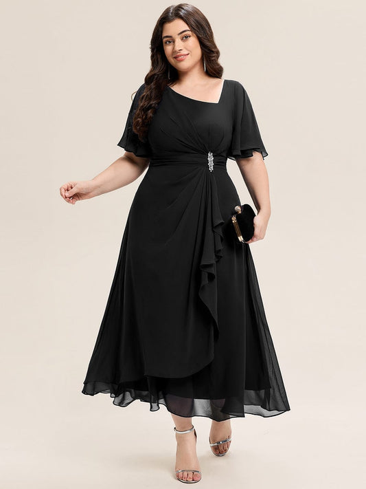 Plus Size Chiffon Ruffle Sleeve Formal Dress