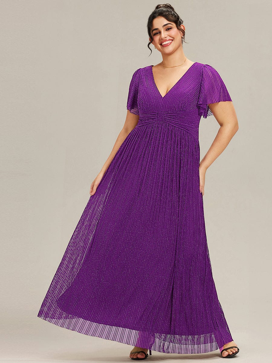 Plus Size V-Neck Glittery Short Sleeves Formal Evening Dress with Empire Waist
