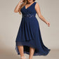 Sleeveless V-Neck High Low Plus Size Wedding Guest Dress with Floral Applique