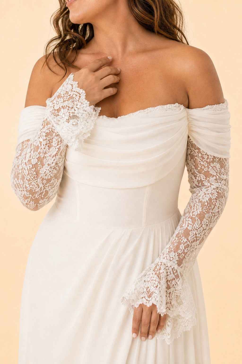 Elegant Long Sleeve Evening Gown Off Shoulder Ruched Design A Line Silhouette with Train