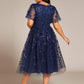 Plus Size Sparkly A-Line Midi Tulle Formal Wedding Guest Dress with Leaf Sequin