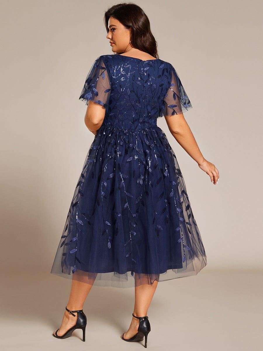 Plus Size Sparkly A-Line Midi Tulle Formal Wedding Guest Dress with Leaf Sequin