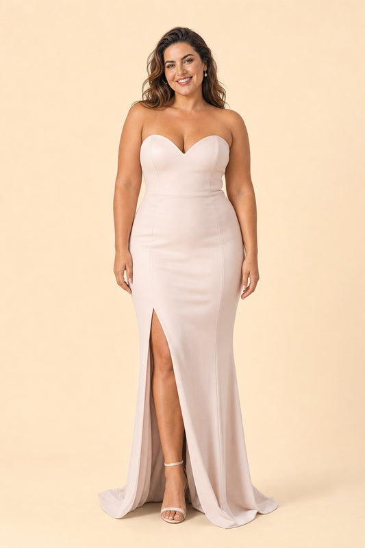 Plus Size Strapless Bridesmaid Dress with Cutout Back Bow and Slit