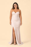Plus Size Strapless Bridesmaid Dress with Cutout Back Bow and Slit