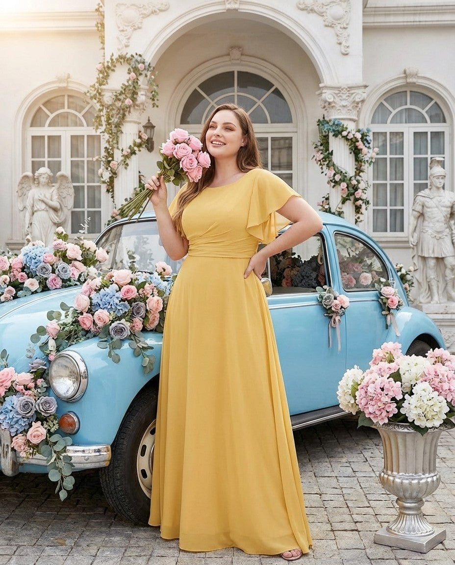 Avenleigh Graceful Modest Half Sleeve Pleated Plus Size Chiffon A-Line Bridesmaid Dress - N0342