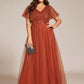 Plus Size Short Sleeves Sequin V-Neck Formal Evening Dress with Tulle