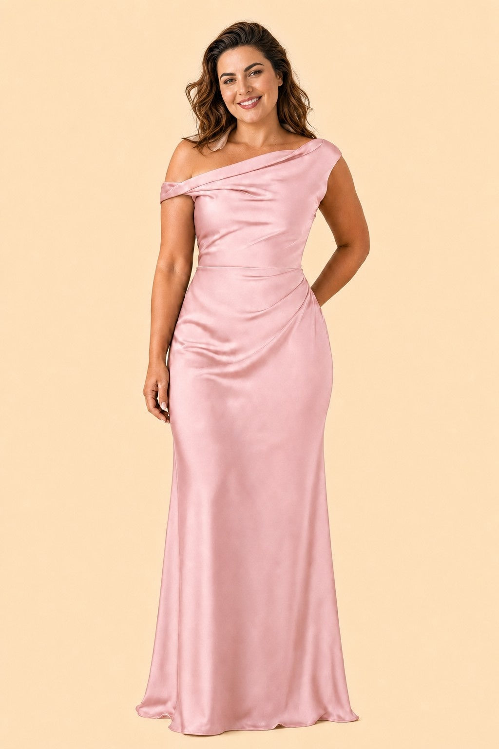 Floor Length Stretch Satin Bridesmaid Gown with Asymmetrical Neckline