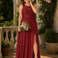 Plus Size Lace Bridesmaid Dress with Slit and Pockets Elegant A-Line Chiffon Open Back Formal Gown