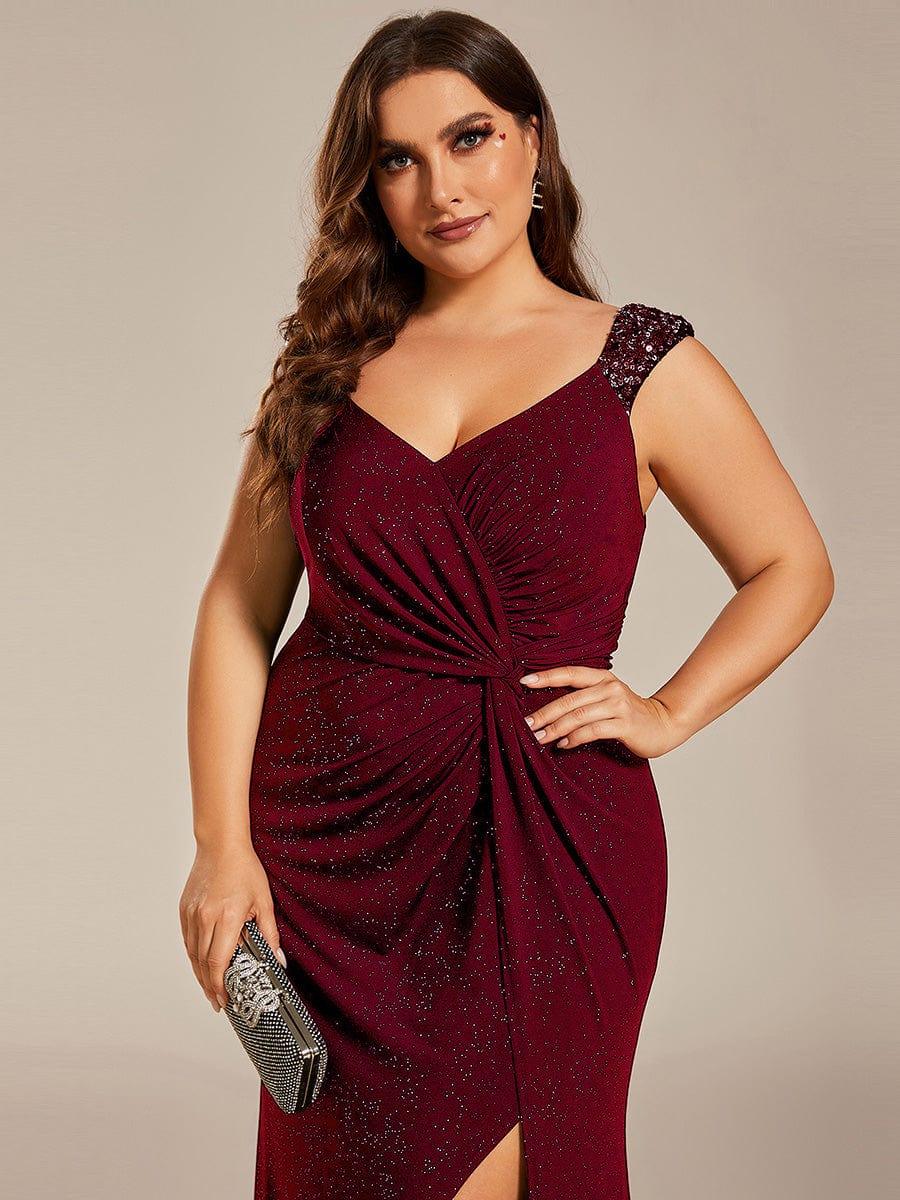 Plus Size Sequin Shoulder Strap Wedding Guest Dress with Side Slit