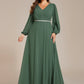 Plus Size A-Line V-Neck See-Through Long Sleeves Shiny Belt Chiffon Evening Dress