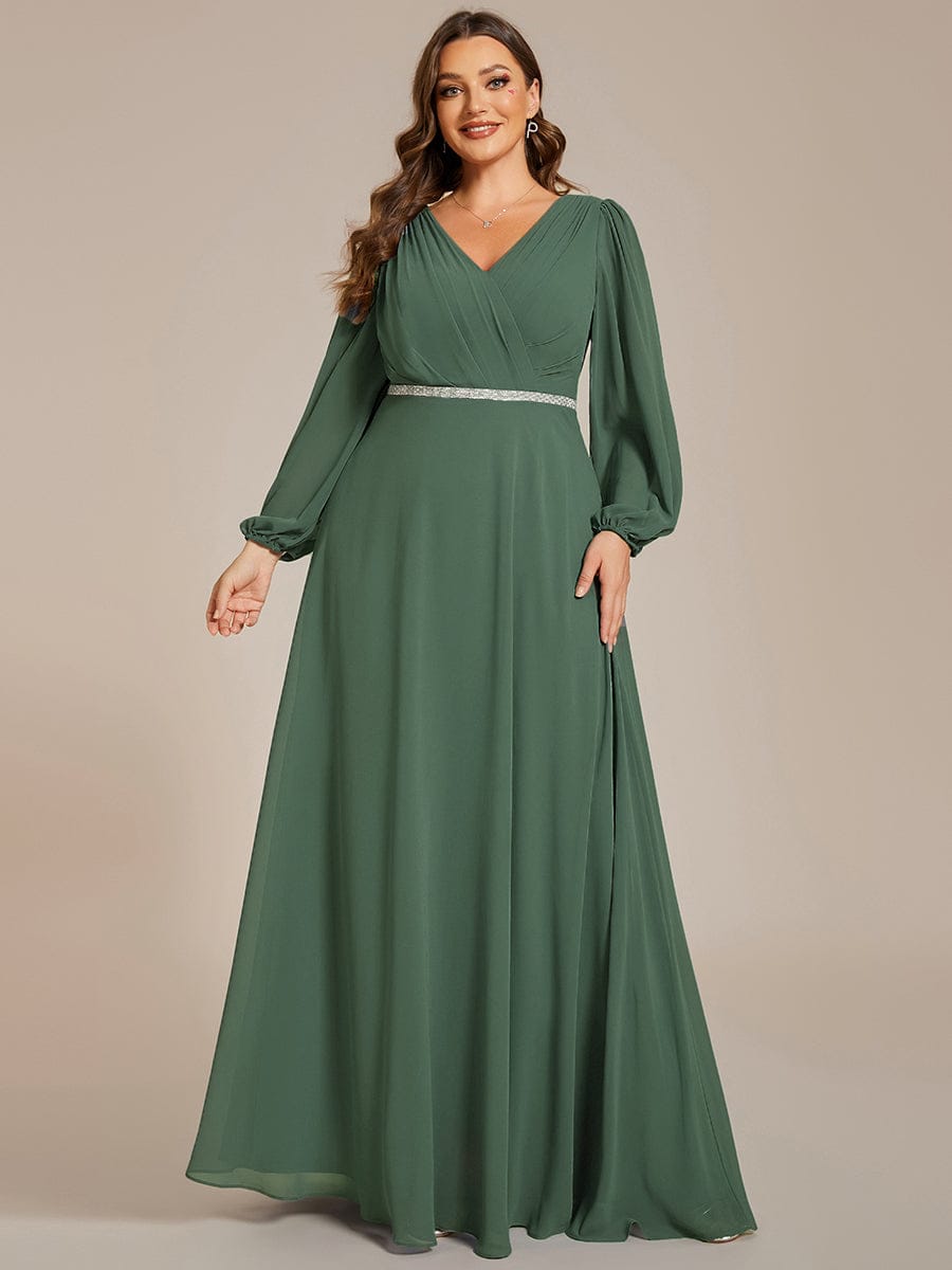 Plus Size A-Line V-Neck See-Through Long Sleeves Shiny Belt Chiffon Evening Dress
