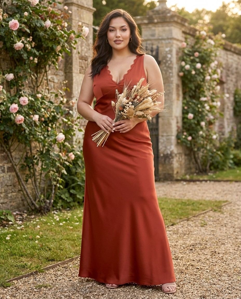 Silvarelle Romantic Sheath Stretch Satin Plus Size Bridesmaid Dress with V-Neck for Weddings - N0361