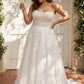 Plus Size A-Line Bridal Gown with Strapless Neckline Delicate Lace Applique and Back Tie Design