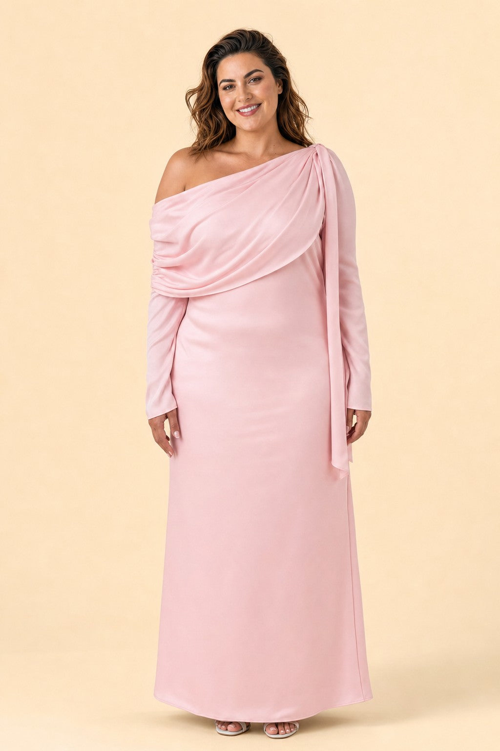 Romantic Bridesmaid Dress with One Shoulder Sleeve and Tie Accent