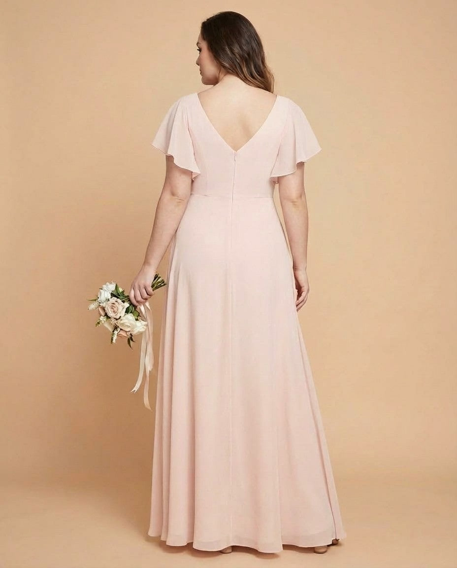 Avenleigh Plus Size Half Sleeve Pleated Chiffon A-Line Bridesmaid Dress for Wedding Party - N0338