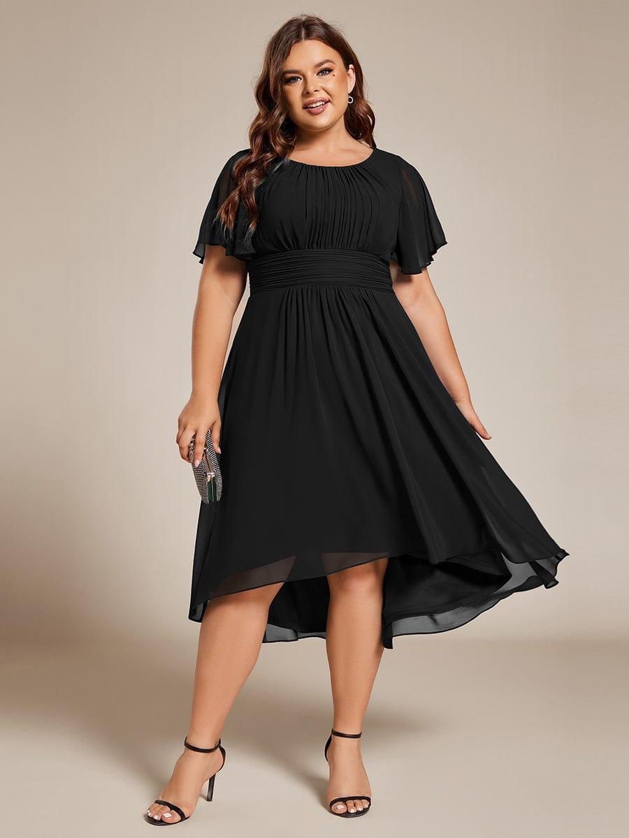 Plus Size Pleated Round Neckline A-Line Midi Chiffon Wedding Guest Dress