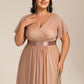 Plus Size Glitter Short Sleeve V-Neck Pleated Midi Wedding Guest Dress