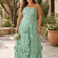 Romantic Lace Up Back Bridesmaid Gown Featuring 3D Floral Appliqué Tiered Flowy Skirt