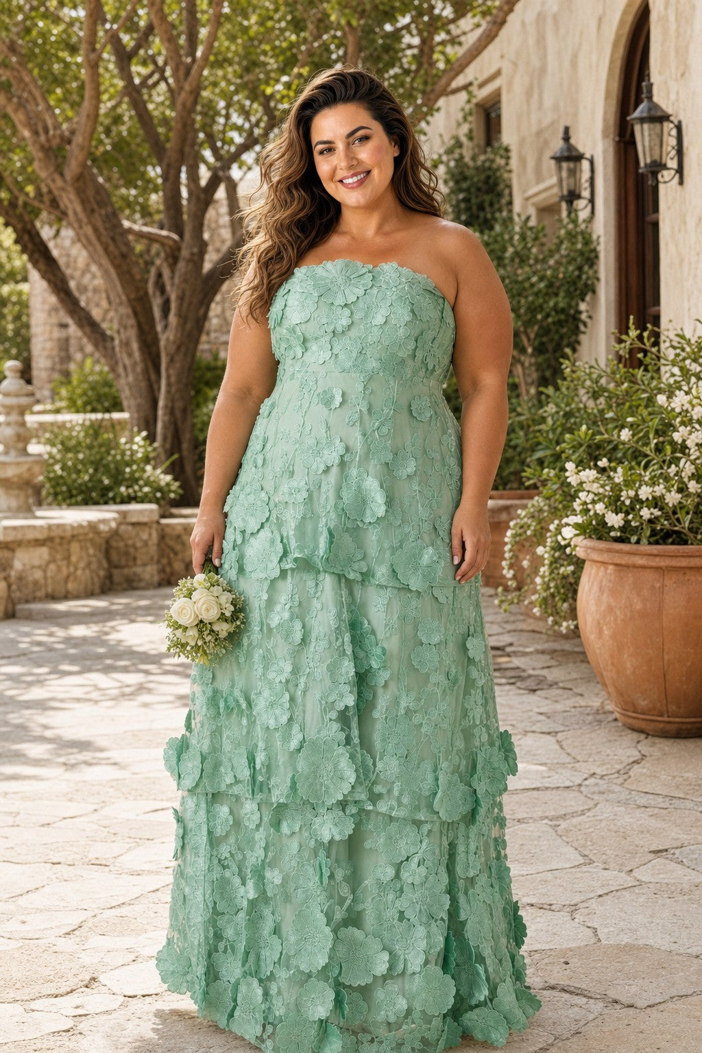 Romantic Lace Up Back Bridesmaid Gown Featuring 3D Floral Appliqué Tiered Flowy Skirt