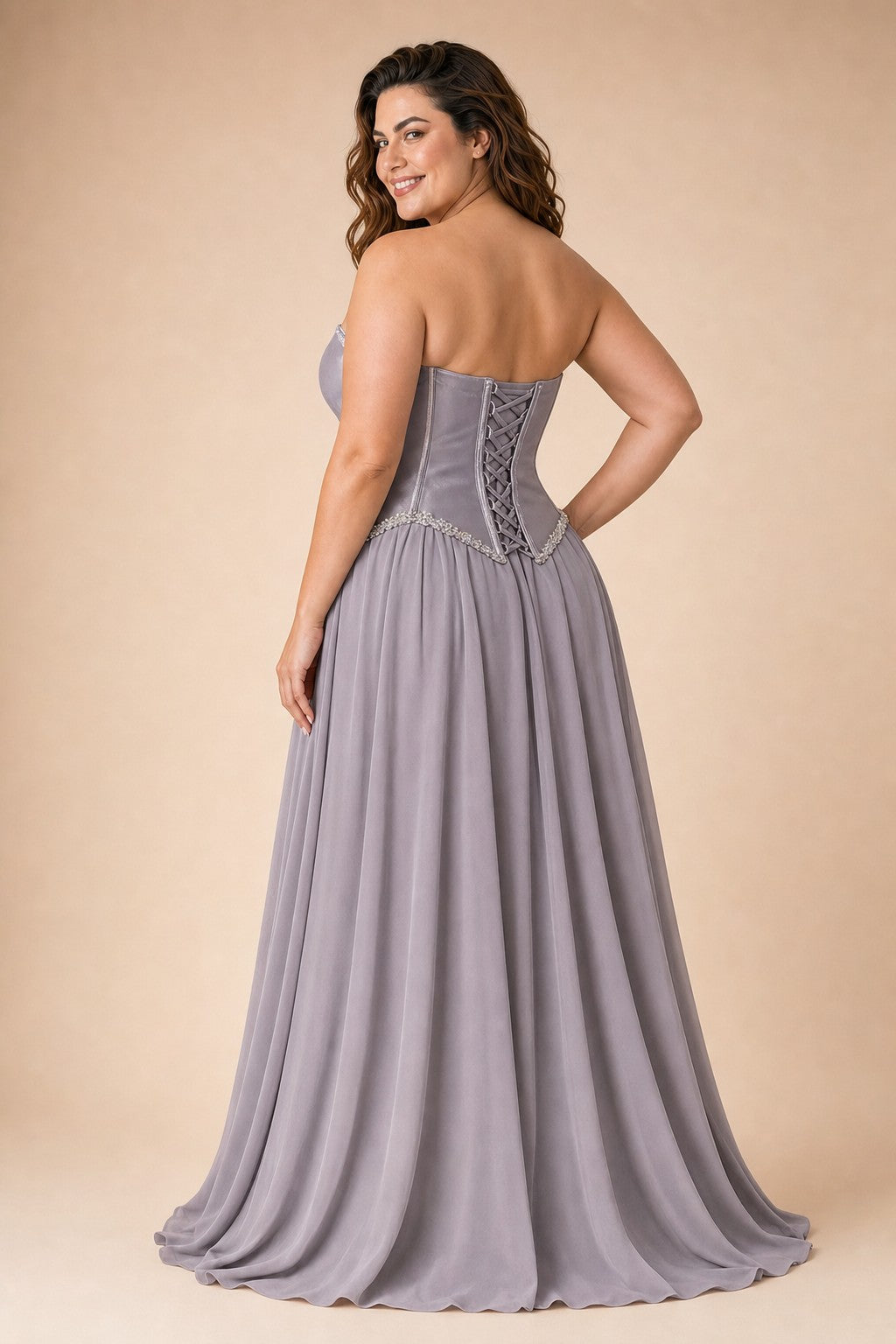 Scarvelle Plus Size Satin Prom Dress with Basque Waist and Pearl Corset