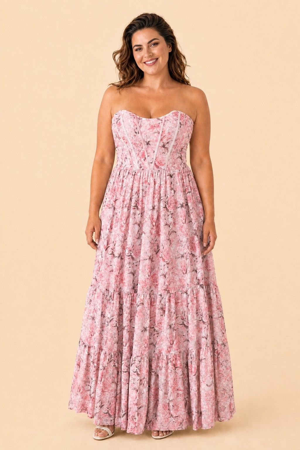 Romantic Floral Print Strapless Bridesmaid Dress with Open Back Detail