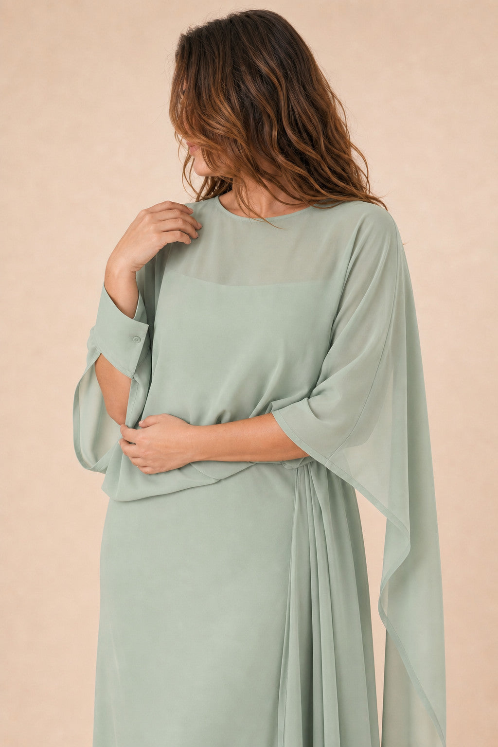 Flowy Sheer Cape Bridesmaid Dress Cuff Slit Design