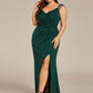 Plus Size Glitter V-Neck High Slit Sequin Shoulder Strap Evening Dress