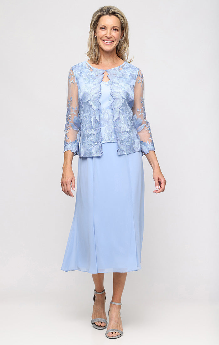 Plus Attached Jacket Dress With Illusion Sleeves & Scallop Detail