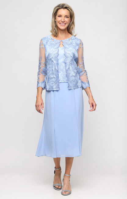 Plus Attached Jacket Dress With Illusion Sleeves & Scallop Detail