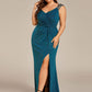 Plus Size Glitter V-Neck High Slit Sequin Shoulder Strap Evening Dress