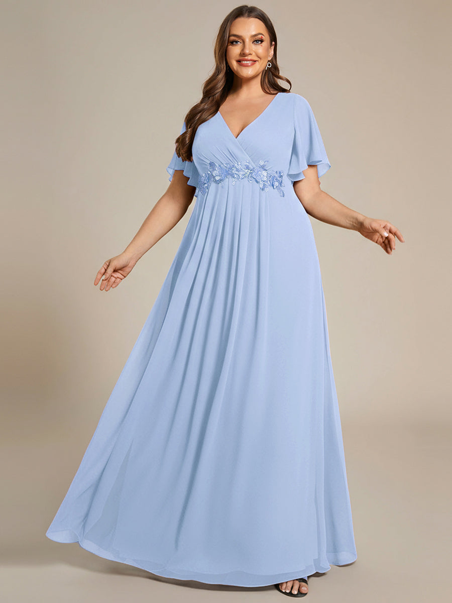 Plus Size Floral Applique Short Sleeve A-Line Chiffon Formal Evening Dress