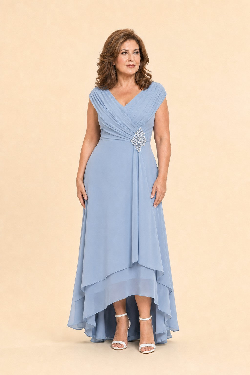 Plus Size Mother of the Chiffon Evening Gown with Cross Pleating and Rhinestone Waist Detail