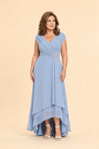 Plus Size Mother of the Chiffon Evening Gown with Cross Pleating and Rhinestone Waist Detail