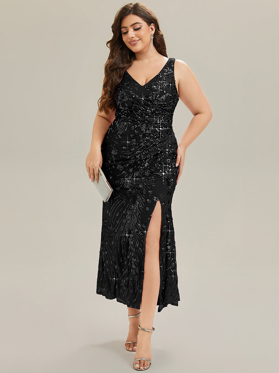 Plus Size Knotted Sequin Formal Evening Dress