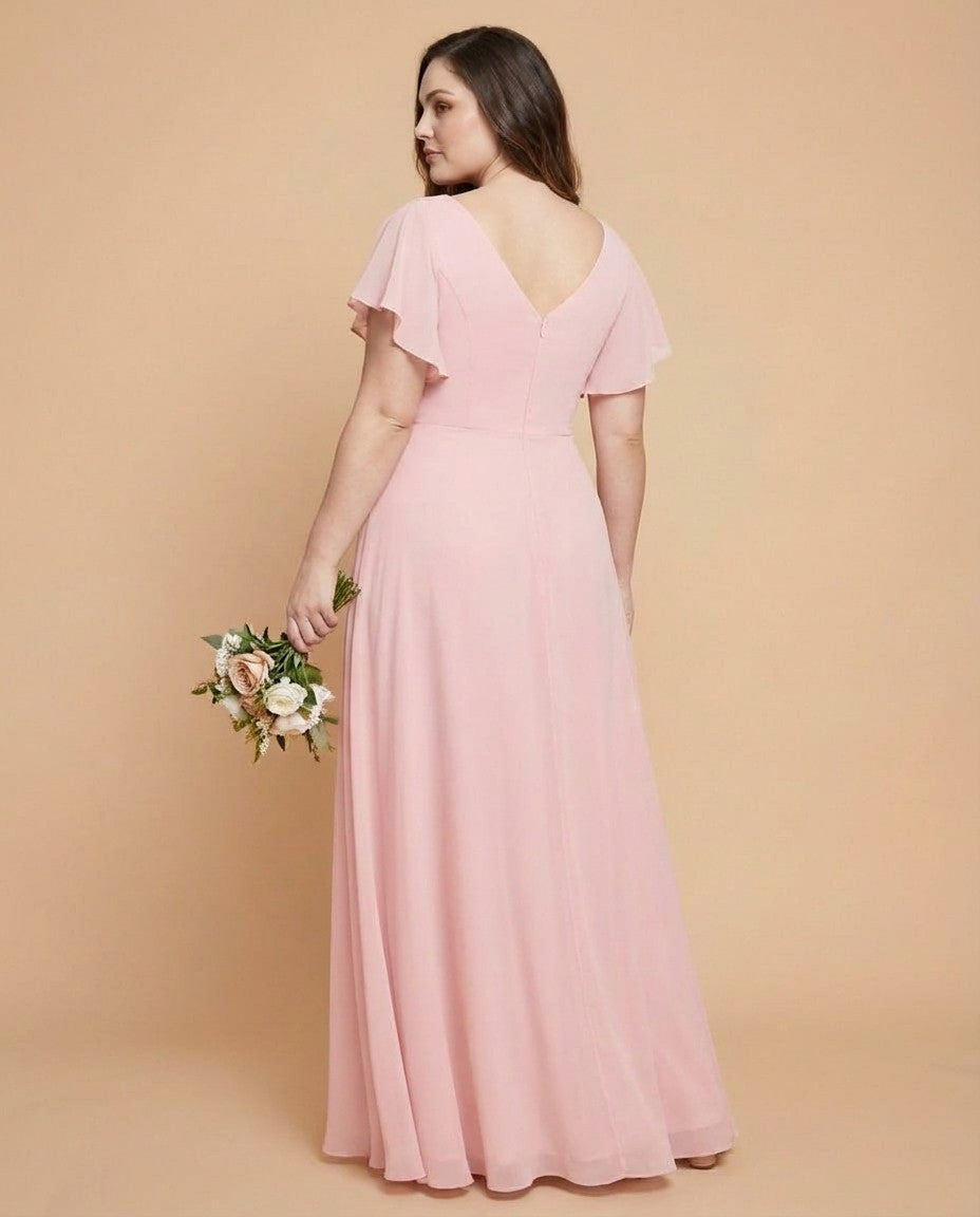 Avenleigh Plus Size Half Sleeve Pleated Chiffon A-Line Bridesmaid Dress for Wedding Party - N0338