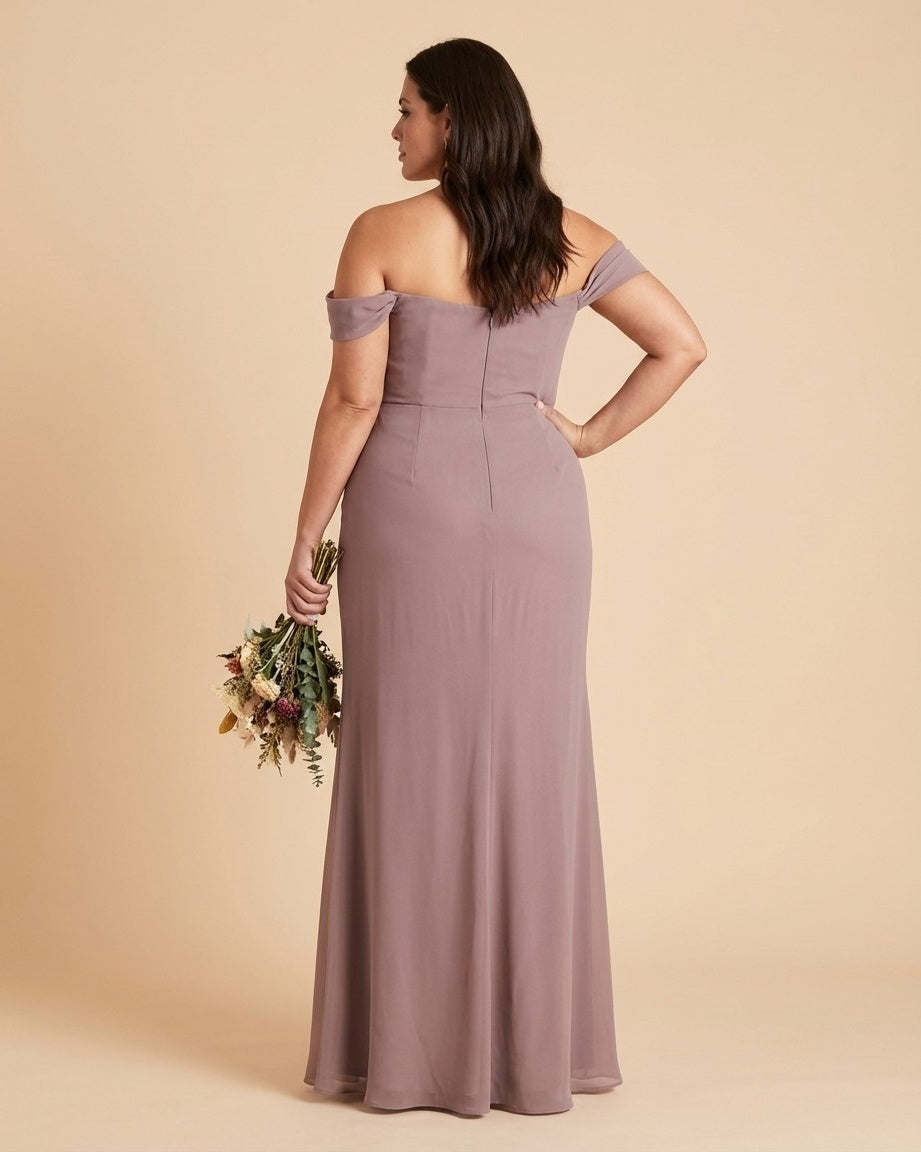 Elanthia Plus Size Romantic Sheath Bridesmaid Dress with Off Shoulder for Wedding -N0347