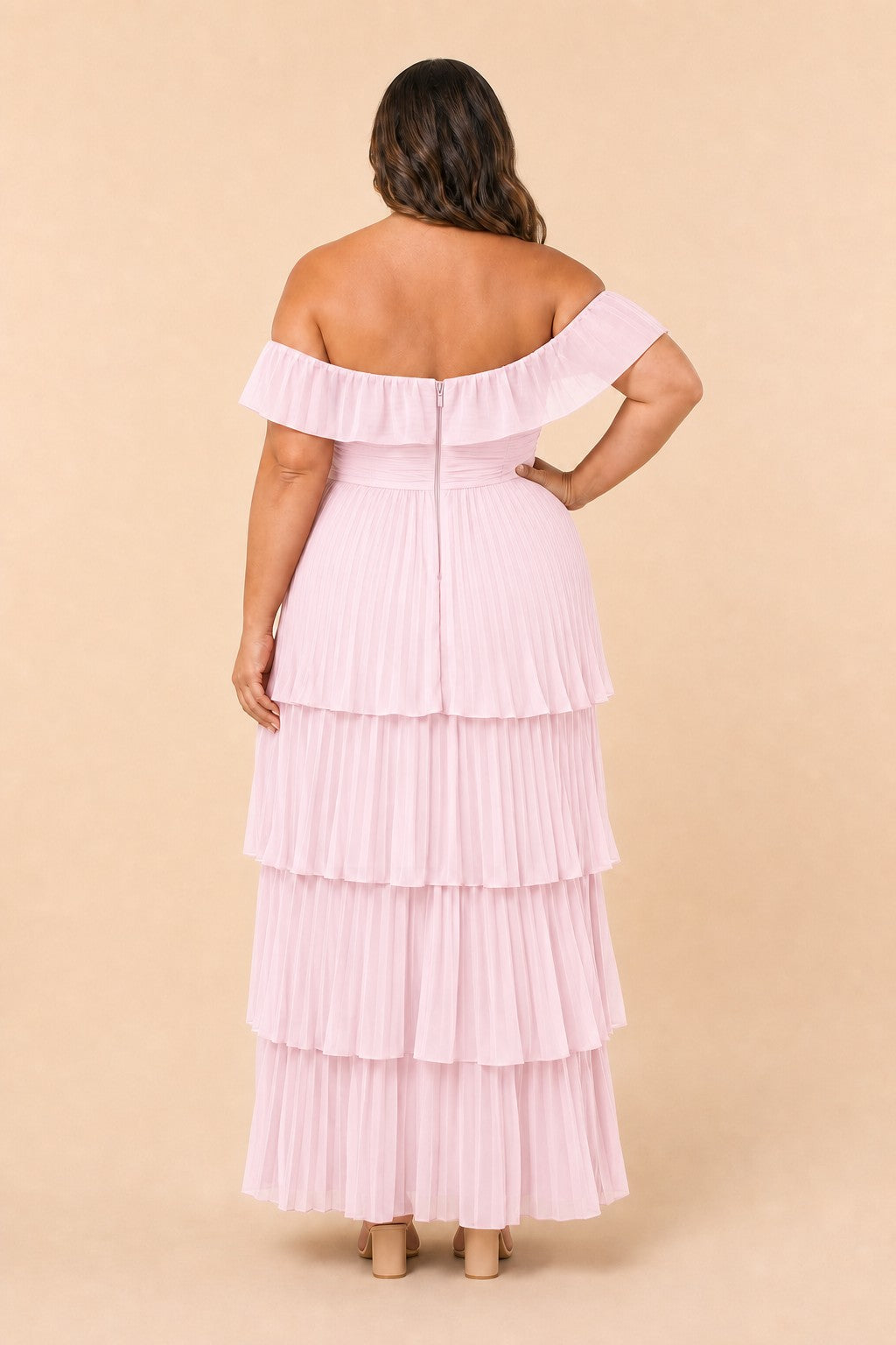 Elegant A Line Maxi Bridesmaid Dress Pleated Tiered Off Shoulder Design