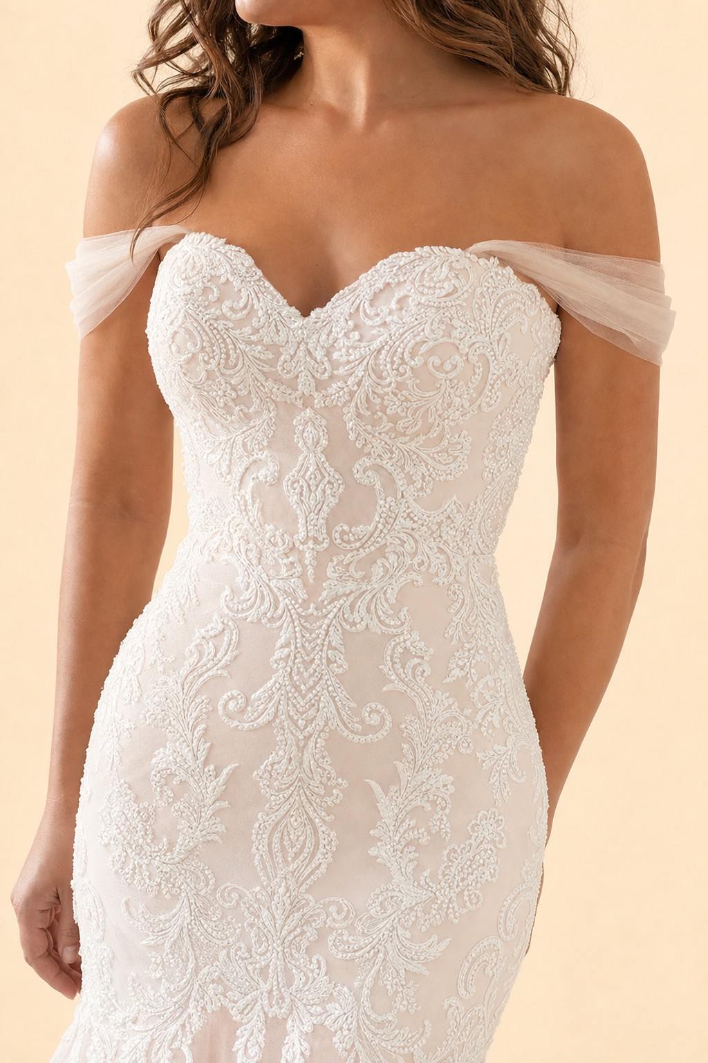 Plus Size Off Shoulder Lace Appliqué A-Line Wedding Dress with Lace-Up Back
