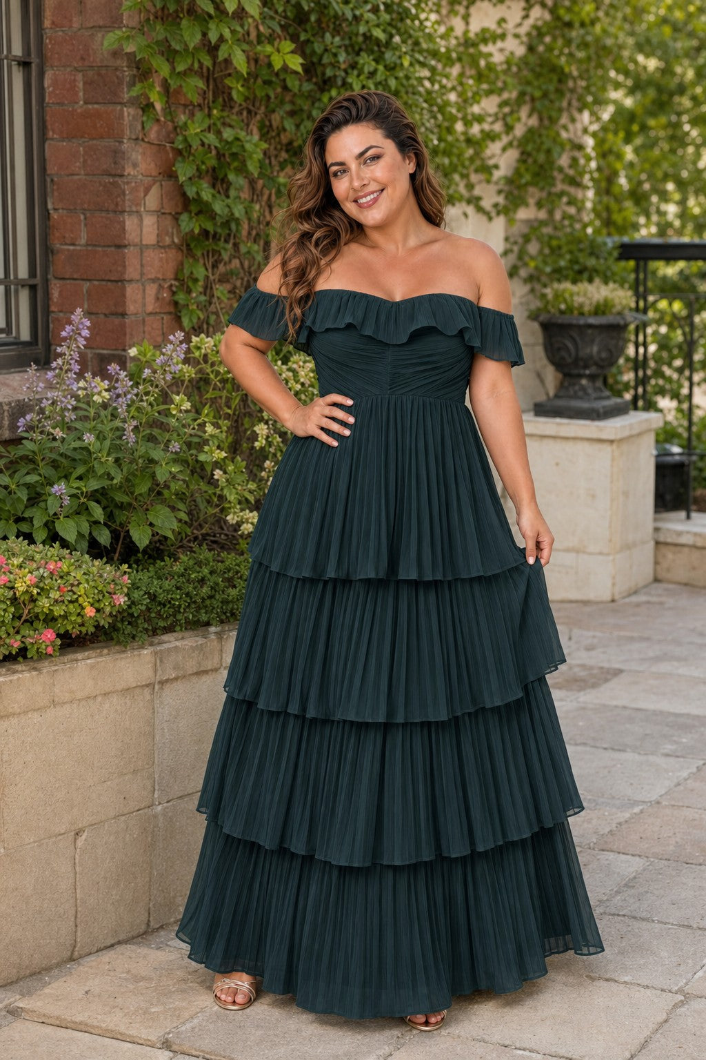 Elegant A Line Maxi Bridesmaid Dress Pleated Tiered Off Shoulder Design