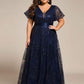 Plus Size Illusion Sequin V-neck Short Sleeve Maxi Formal Dress