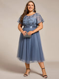 Plus Size Round Neckline Embellished Tulle Midi Bridesmaid Dress