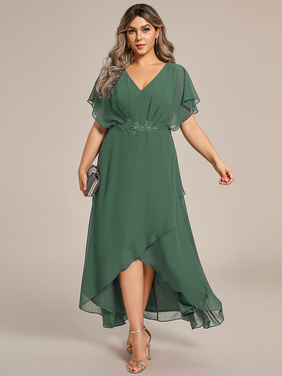 Plus Size V-Neck Chiffon Bat-Wing Sleeve A-Line Waist Applique Formal Dress