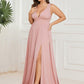 Plus Size Sleeveless V-Neck Empire Waist High Slit Floor-Length Evening Dress