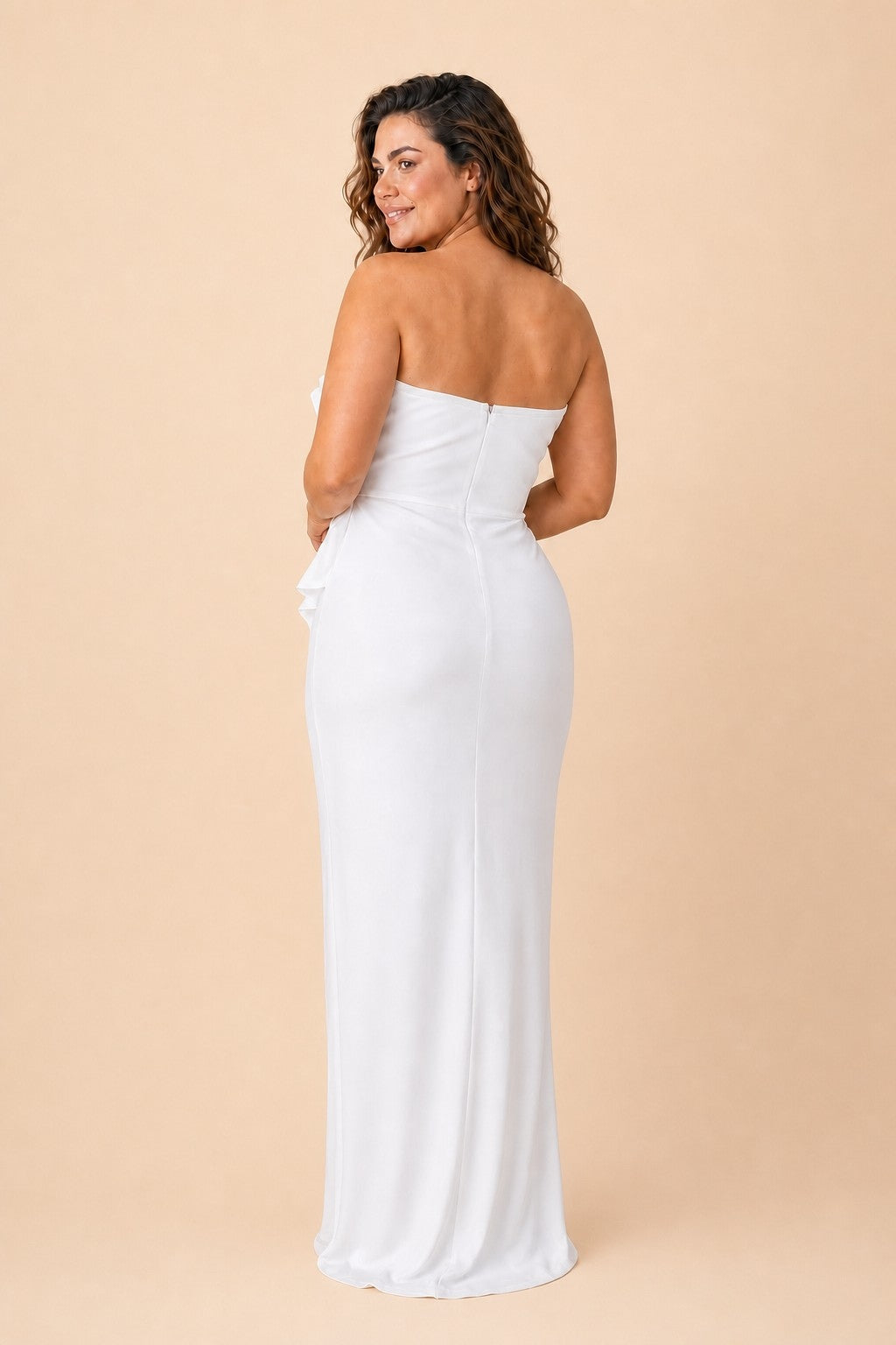 Romantic Plus Size Wedding Guest Dress with Ruched Slit Ruffle Hem