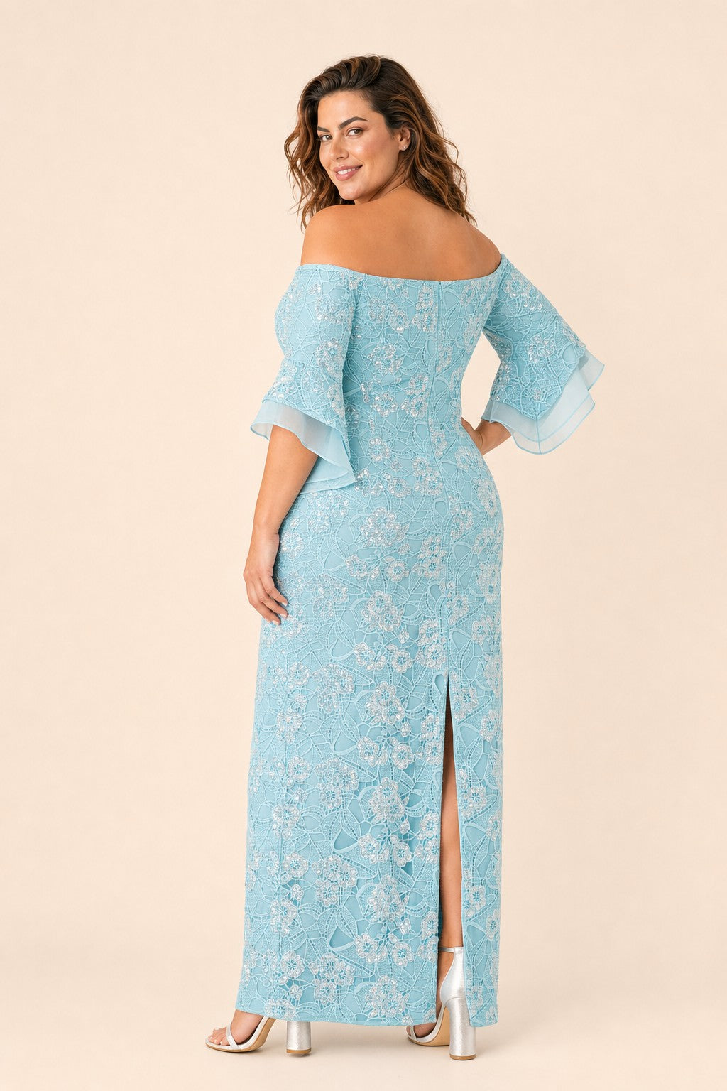 Plus Size Off Shoulder Sequin Lace Evening Gown in Airy Aqua for Weddings and Formal Events