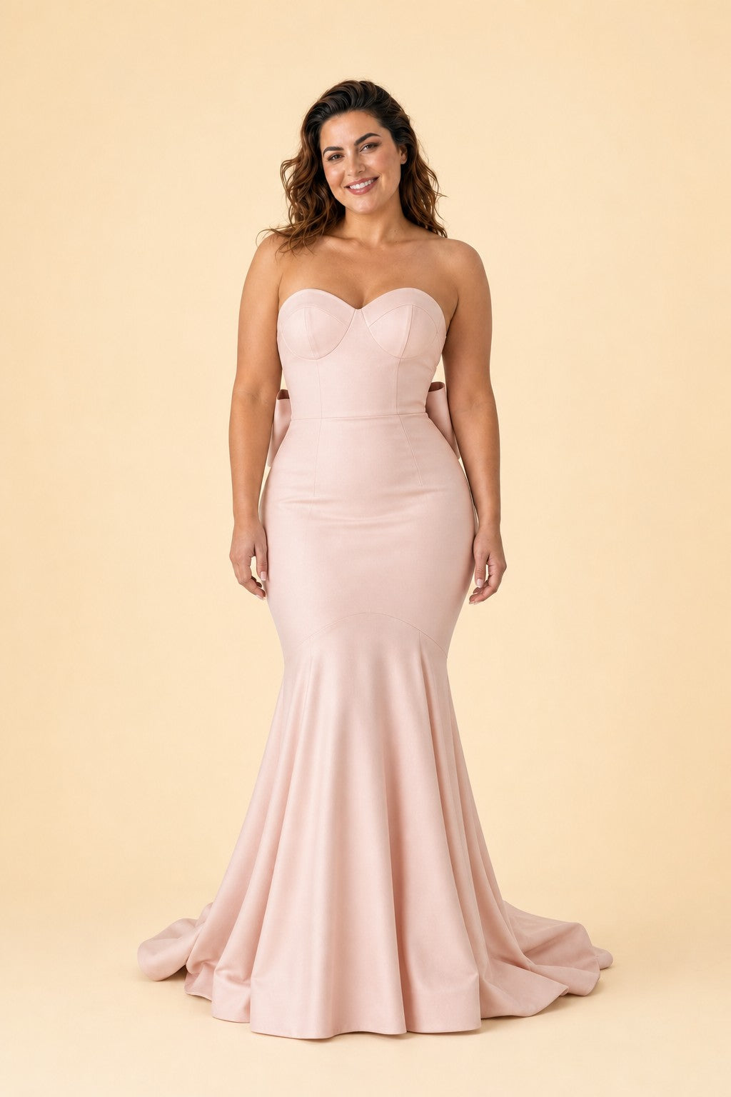Plus Size Strapless Bridesmaid Dress with Bow Back and Chapel Train